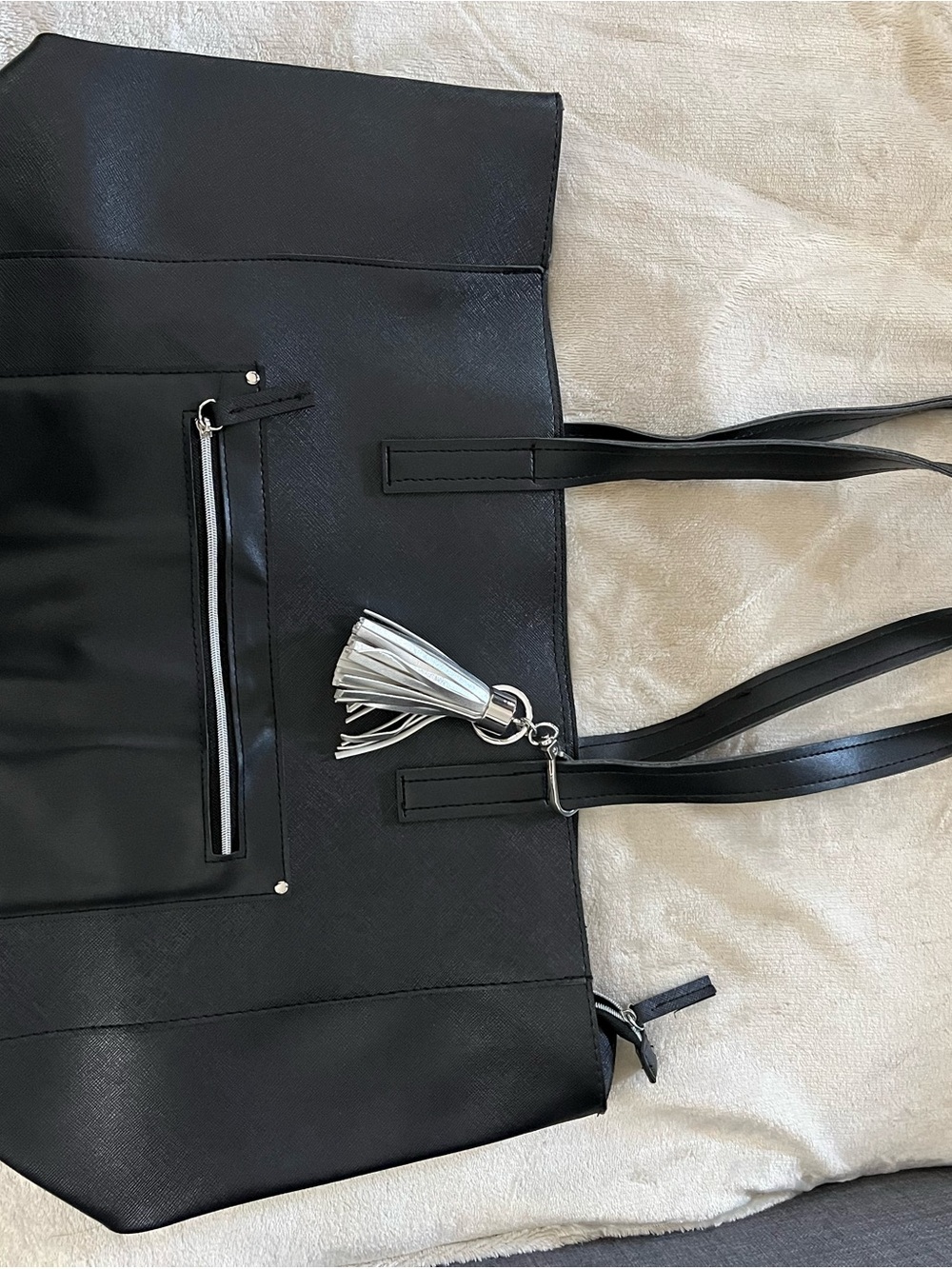 Women's Black Tote Bag with Silver Tassel Accent